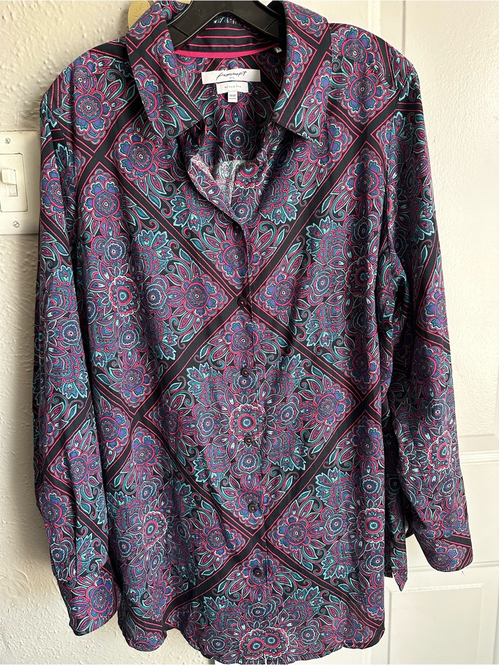 FoxCroft Purple Paisley-Print Button Down Shirt with Teal Accents